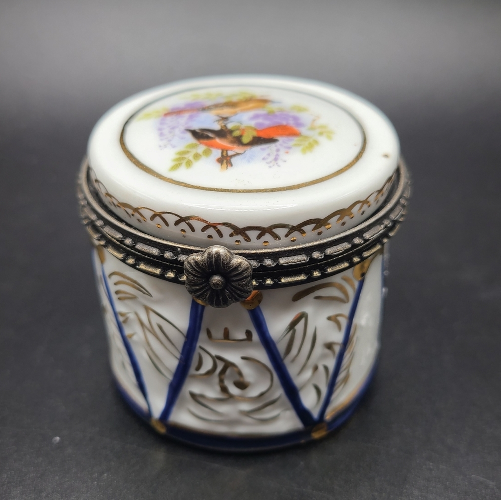 Limoges France Birds On A Branch White and Blue Drum Trinket Box Flower Clasp